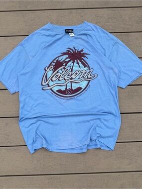 Volcom Beach Surf Graphic Print T-Shirt Palm Tree Logo Blue Size Large Stone Y2K